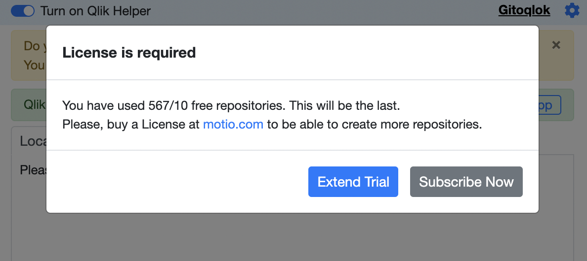 "License required" popup